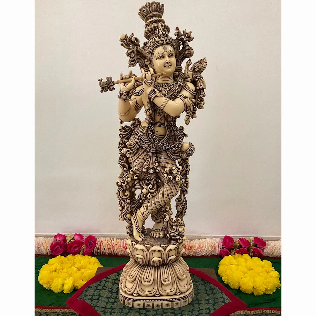 29 Inches Krishna Marble Dust Idol Ivory Finish -  Decorative Figurine Home Decor