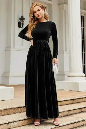 A Line Jewel Neck Black Velvet Holiday Party Dress