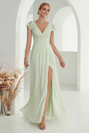 A-Line V Neck Light Green Formal Dress with Lace