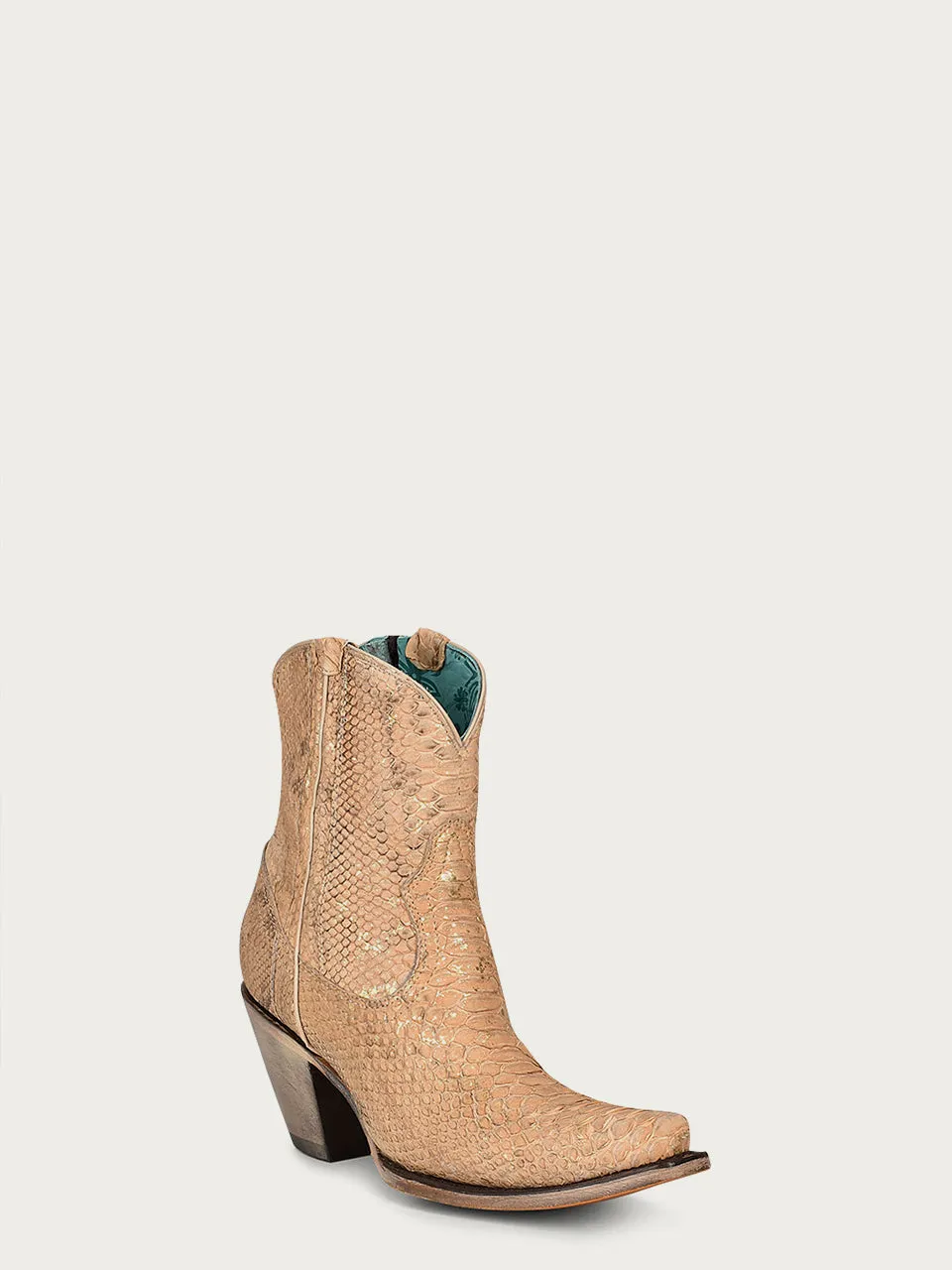 A4297 - WOMEN'S NUDE GENUINE PYTHON SNIP TOE ANKLE COWBOY BOOT