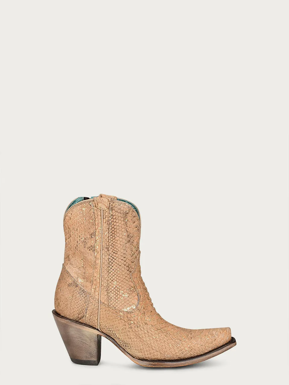 A4297 - WOMEN'S NUDE GENUINE PYTHON SNIP TOE ANKLE COWBOY BOOT