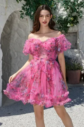 Beautiful A Line Off the Shoulder Fuchsia Tulle Short Homecoming Dress with Short Sleeves