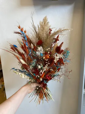 Blue & Red Dried Flowers Rustic Bridal Bouquet / Burnt Orange Scottish Thistles Bouquet / Pampas Grass Bridal Bouquet