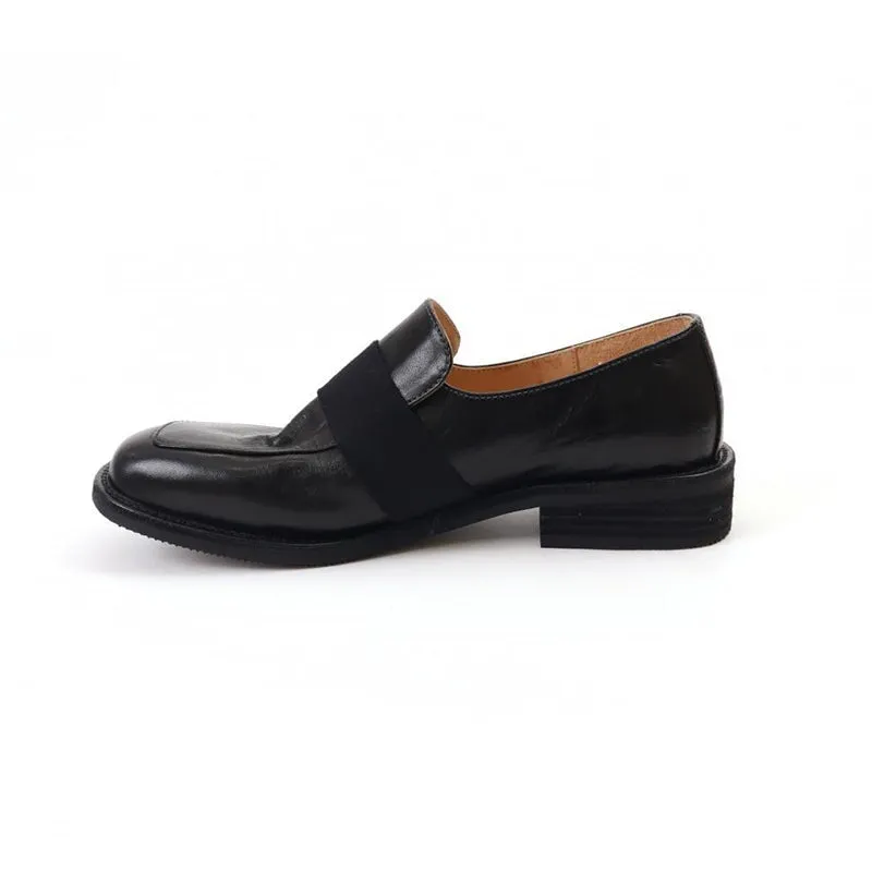 Classic Horse Leather Low Heel Loafers Women's Dress Shoes Slip Ons Black