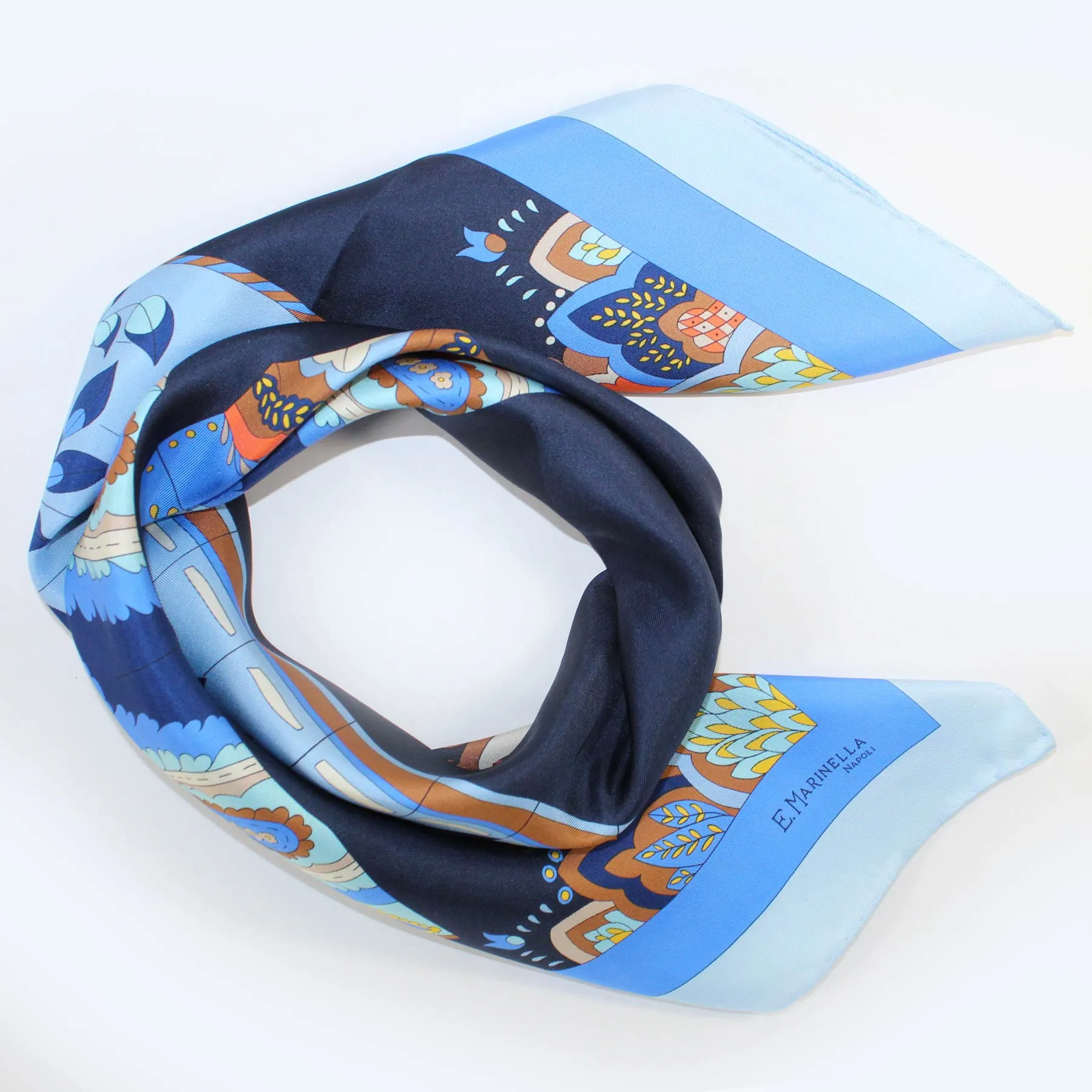 E. Marinella Scarf Blue Fan & Tassel - Twill Silk Square Foulard SALE