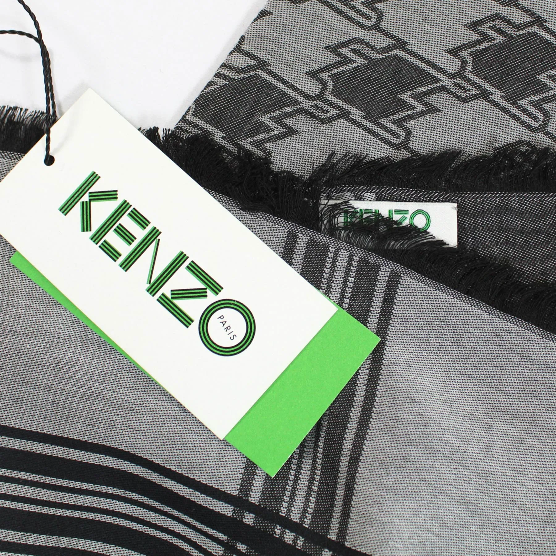 Kenzo Scarf Black Gray Houndstooth Stripes Logo Design - Large Cotton Wrap