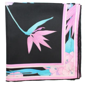 Leonard Paris Scarf Black Pink Aqua Floral - Large Square Twill Silk Foulard SALE