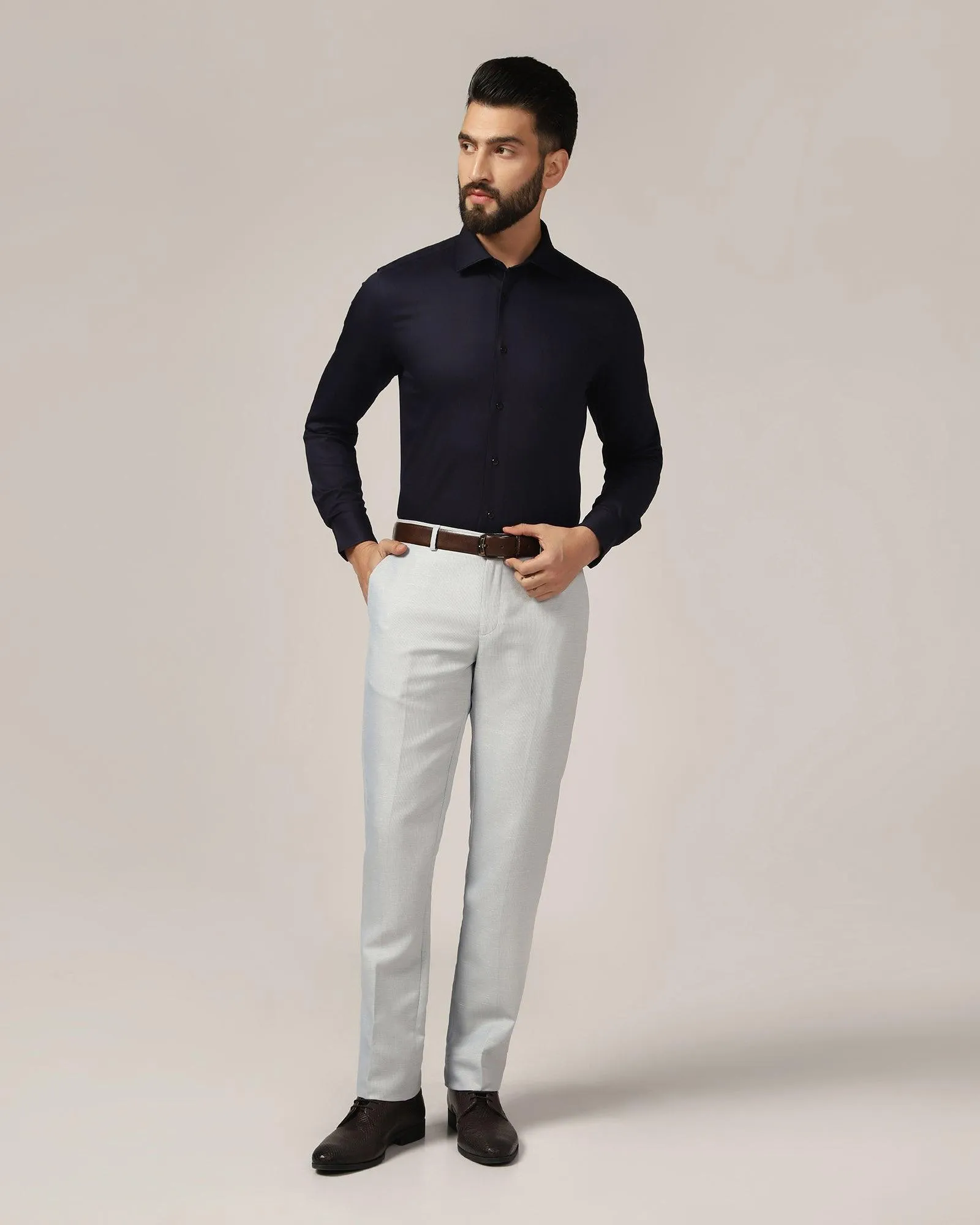 Linen Slim Comfort B-95 Formal Blue Textured Trouser - Commando