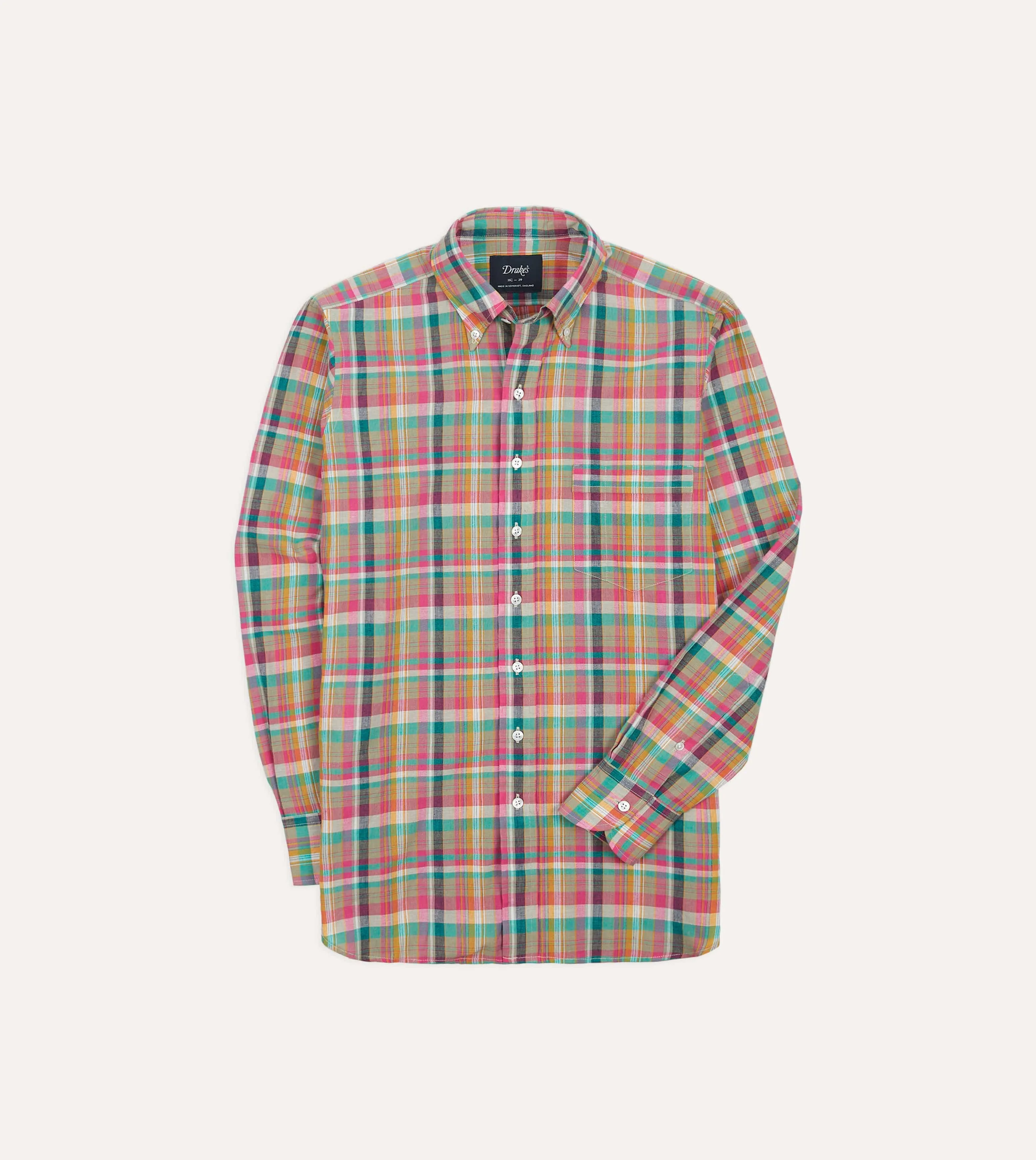 Pink and Green Madras Check Cotton Button-Down Shirt