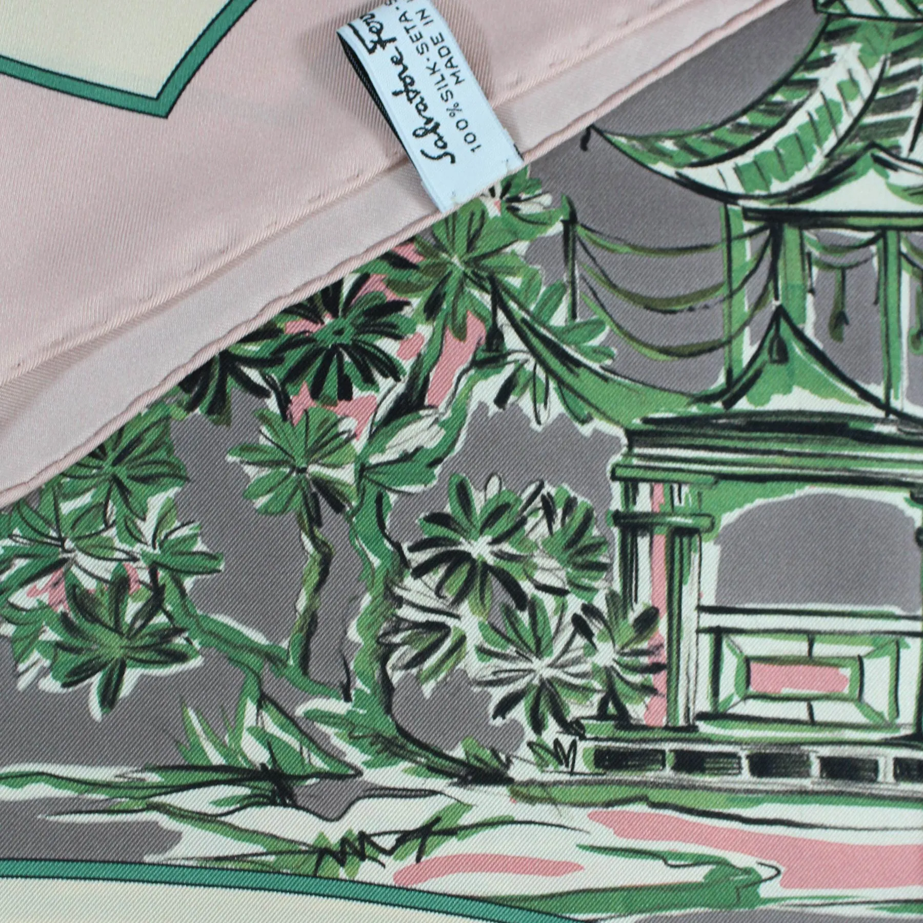 Salvatore Ferragamo Scarf Pink Gray Japanese Garden - Twill Silk Foulard