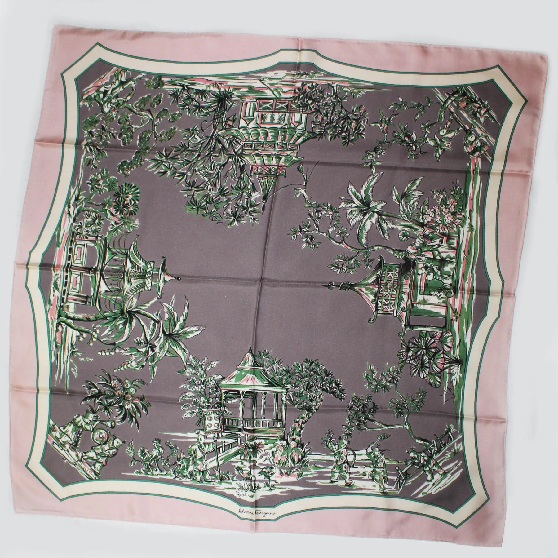 Salvatore Ferragamo Scarf Pink Gray Japanese Garden - Twill Silk Foulard