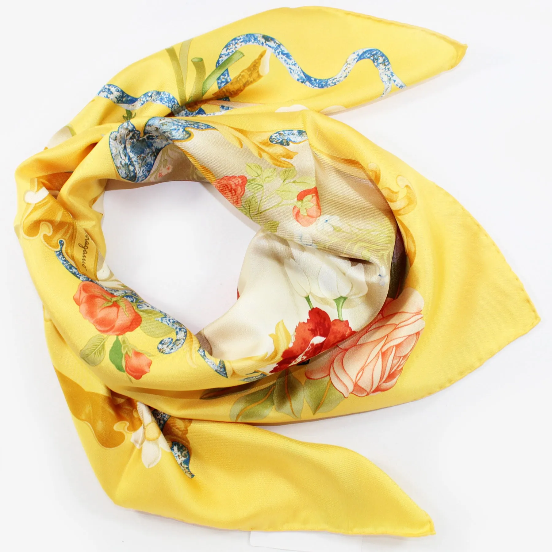 Salvatore Ferragamo Silk Scarf Yellow Bird & Floral - Twill Silk Square Foulard