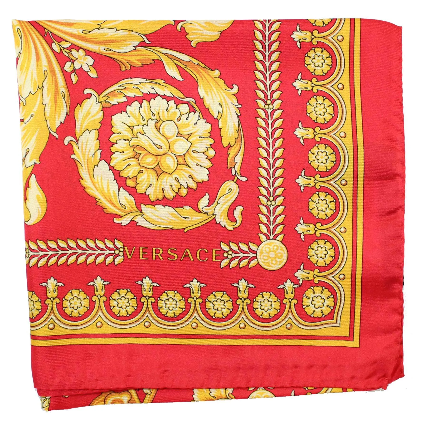 Versace Silk Scarf Red Gold Baroque Skull - Large 36 Inch Square Scarf SALE