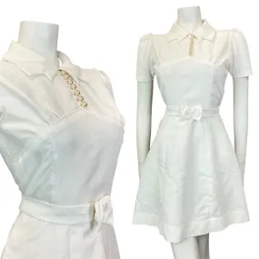 VINTAGE 60s 70s BRIGHT WHITE FLORAL BELTED MOD SHIRT SHORT DRESS 10